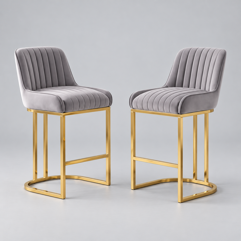 Brixton Grey Velvet Bar Stools Set of 2, High Back, Gold Metal Frame