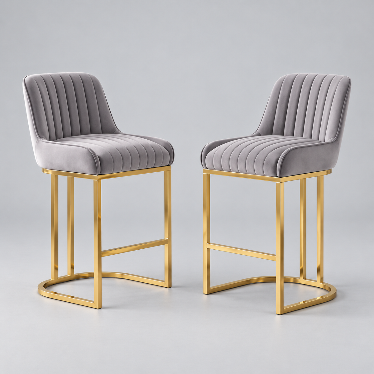 Brixton Grey Velvet Bar Stools Set of 2, High Back, Gold Metal Frame