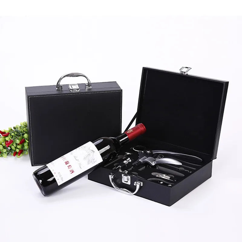 Wine Corkscrew Set, Wooden Leather Box