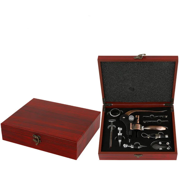 Wine Corkscrew Set, Wooden Leather Box