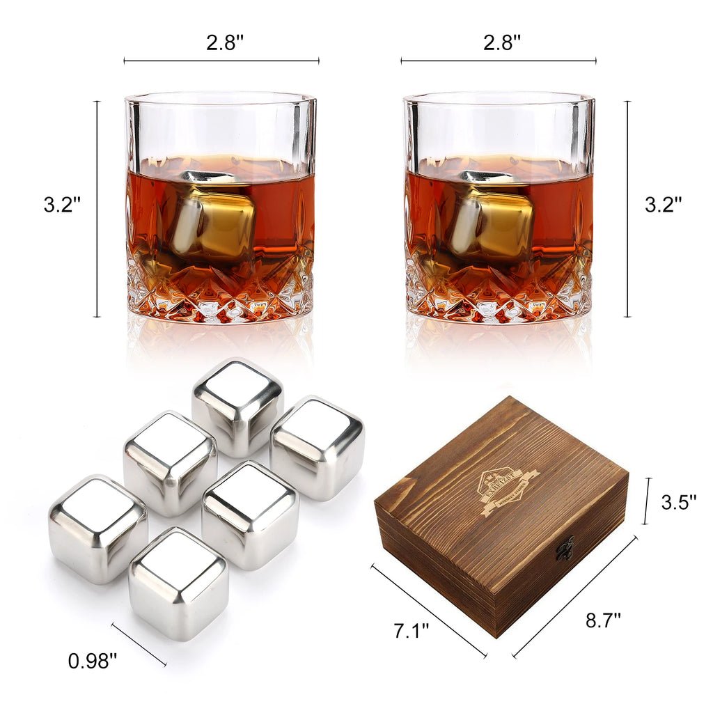 Stainless Steel Whisky Ice Cubes and Glasses Set, Wooden Box