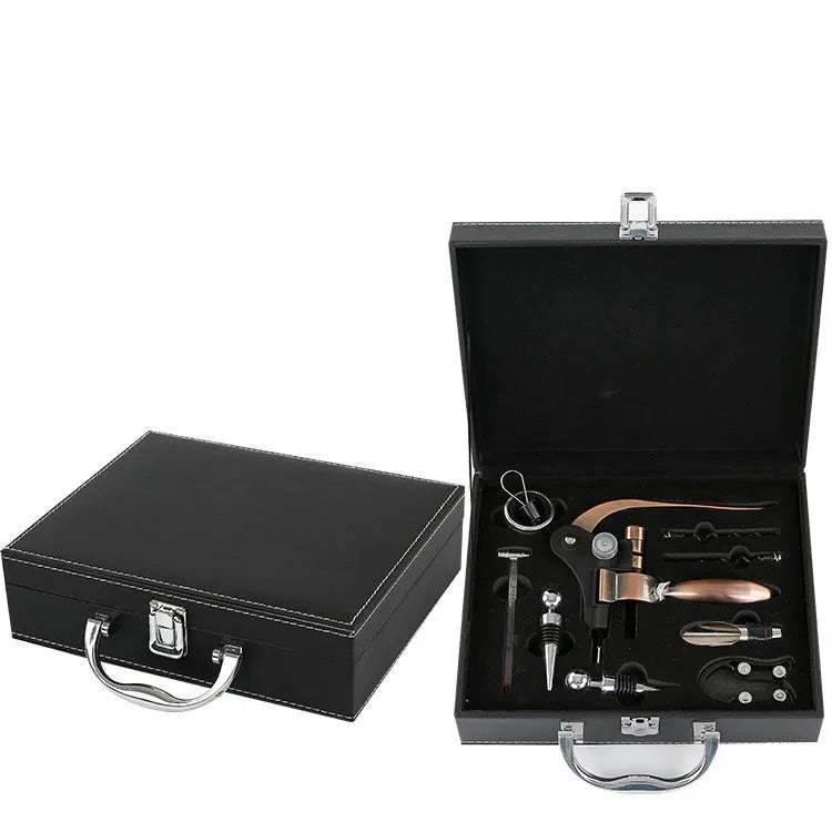 Wine Corkscrew Set, Wooden Leather Box