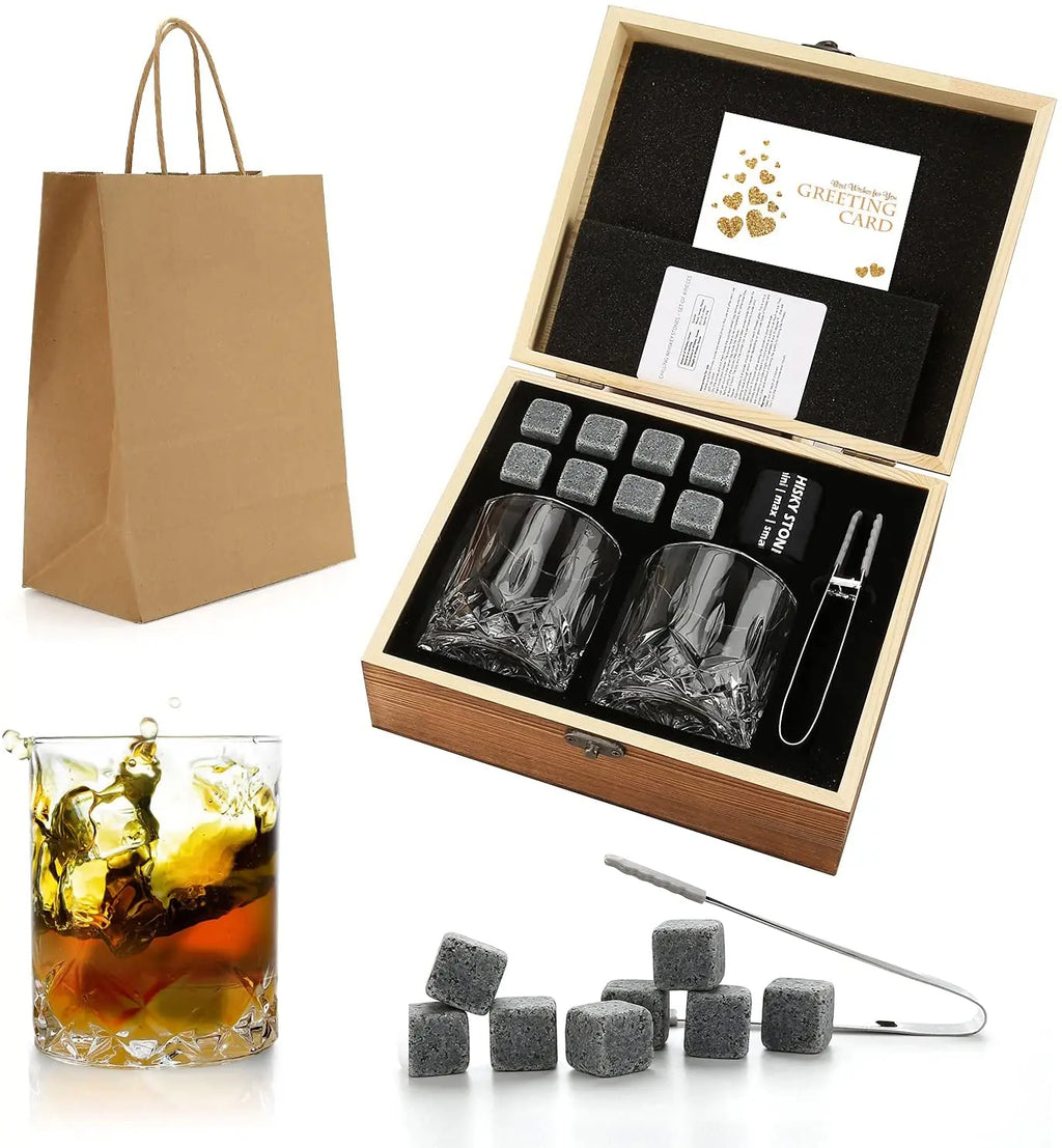 Granite Whisky Stones and Glasses Gift Set, Wooden Box