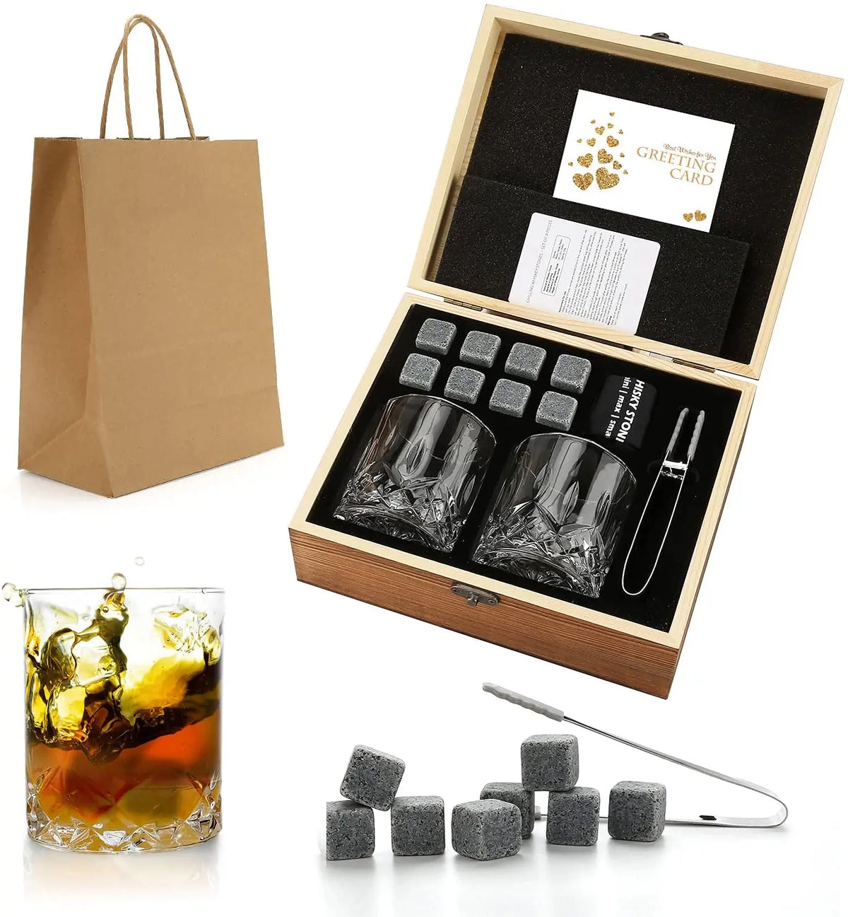 Granite Whisky Stones and Glasses Gift Set, Wooden Box