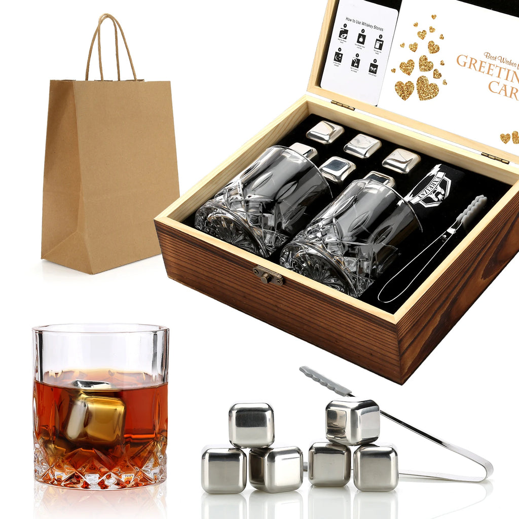 Stainless Steel Whisky Ice Cubes and Glasses Set, Wooden Box