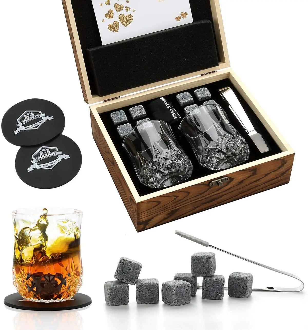 Granite Whisky Stones and Glasses Gift Set, Wooden Box