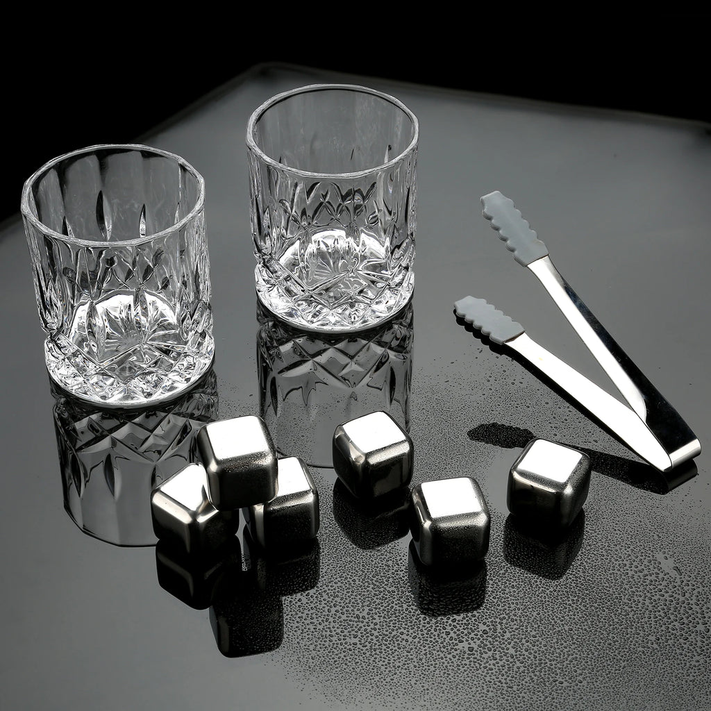Stainless Steel Whisky Ice Cubes and Glasses Set, Wooden Box