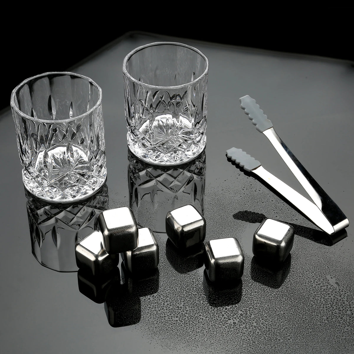 Stainless Steel Whisky Ice Cubes and Glasses Set, Wooden Box