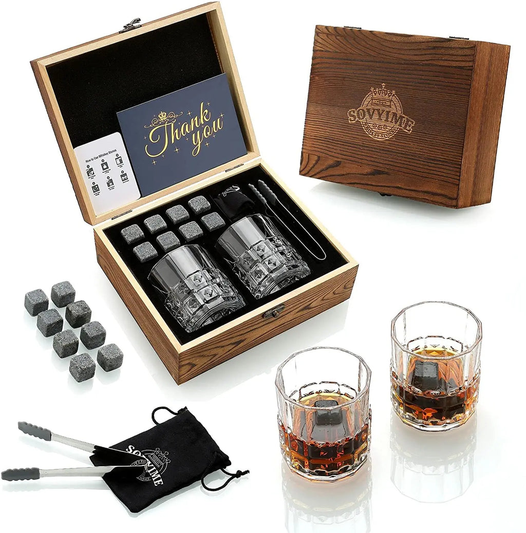 Granite Whisky Stones and Glasses Gift Set, Wooden Box