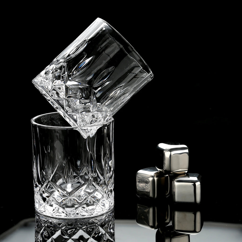 Stainless Steel Whisky Ice Cubes and Glasses Set, Wooden Box