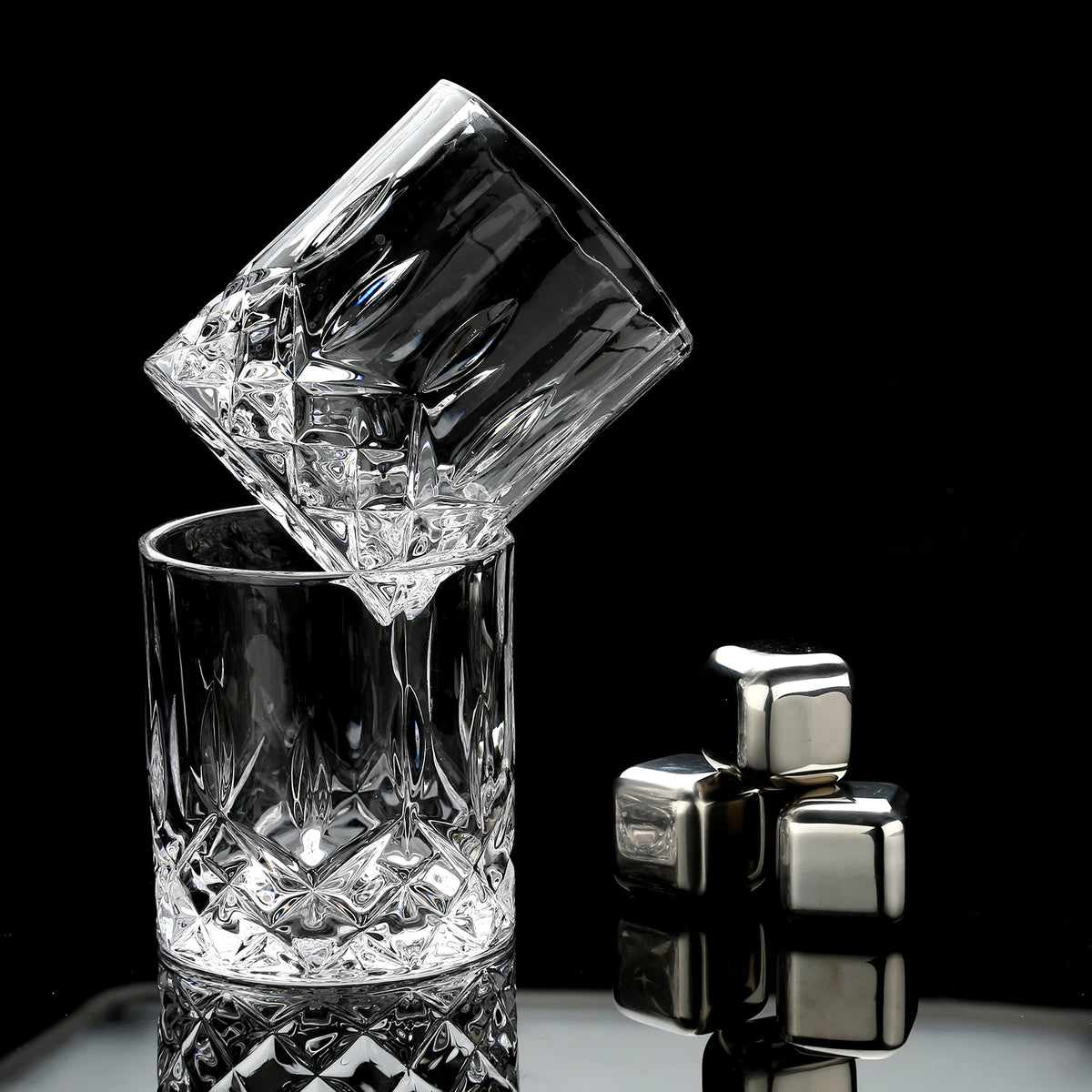 Stainless Steel Whisky Ice Cubes and Glasses Set, Wooden Box