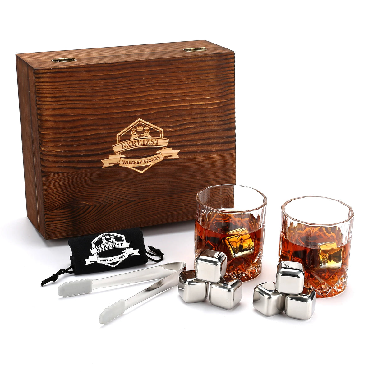 Stainless Steel Whisky Ice Cubes and Glasses Set, Wooden Box