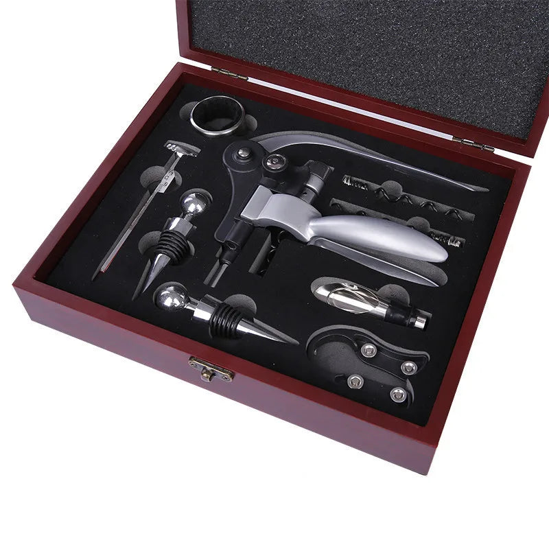 Wine Corkscrew Set, Wooden Leather Box