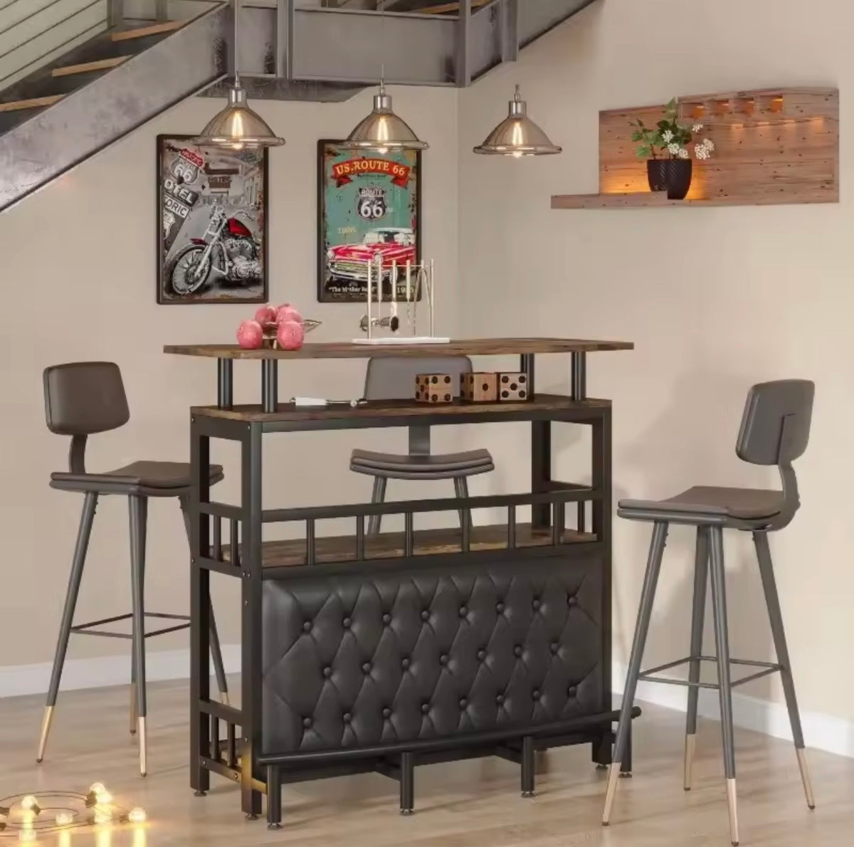 Holborn Drinks Cabinet, 3-Tier Liquor Bar Counter, Black