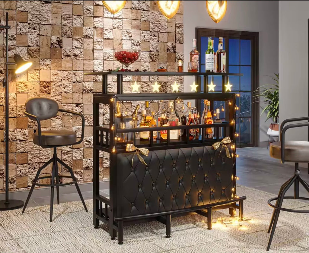 Holborn Drinks Cabinet, 3-Tier Liquor Bar Counter, Black