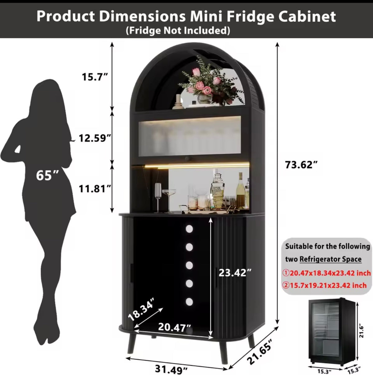 Arched Wooden Drinks Cabinet, Wine Storage, LED Lighting