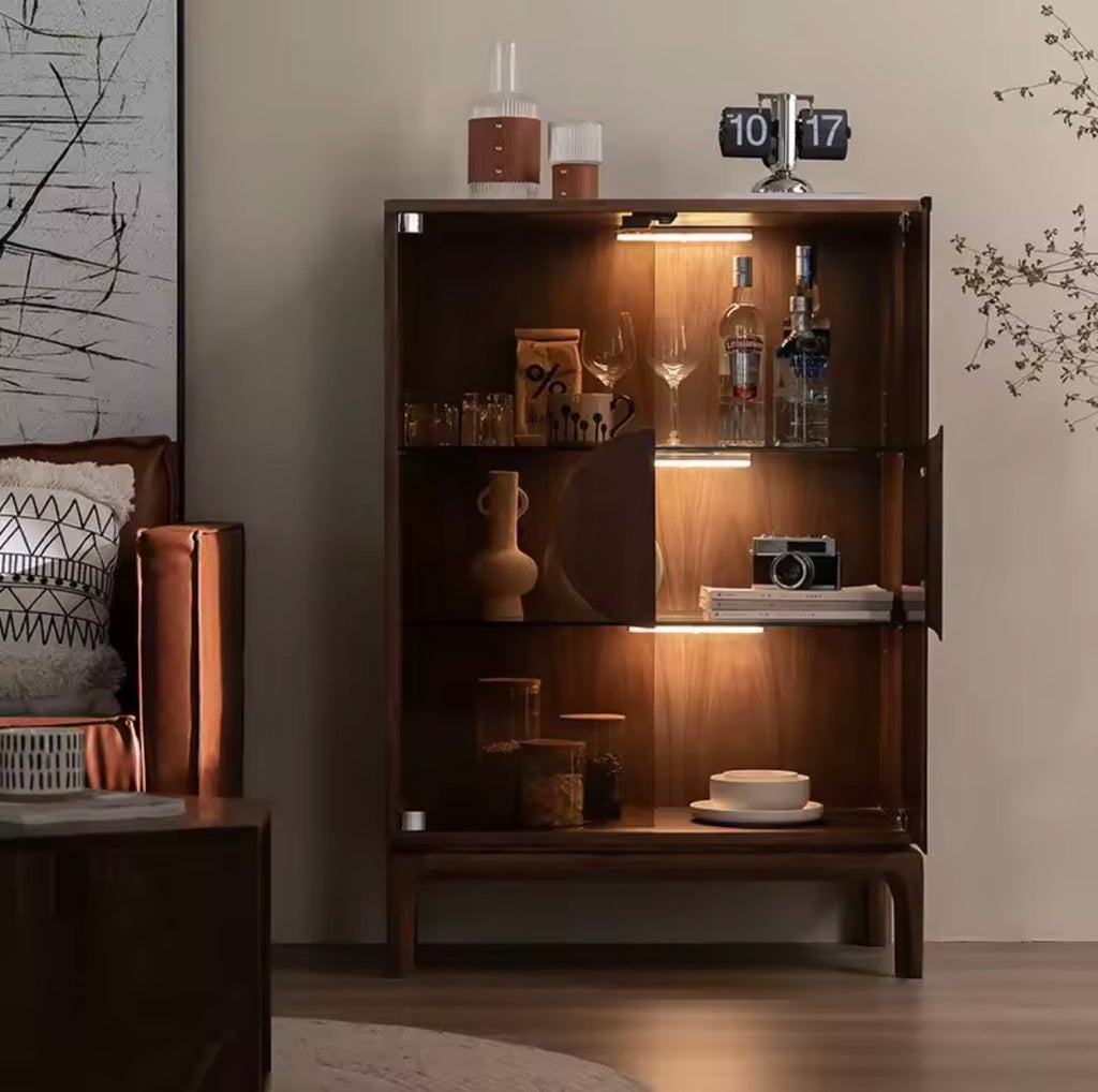 Modern Black Walnut Drinks Cabinet, Wine Storage, Double Door