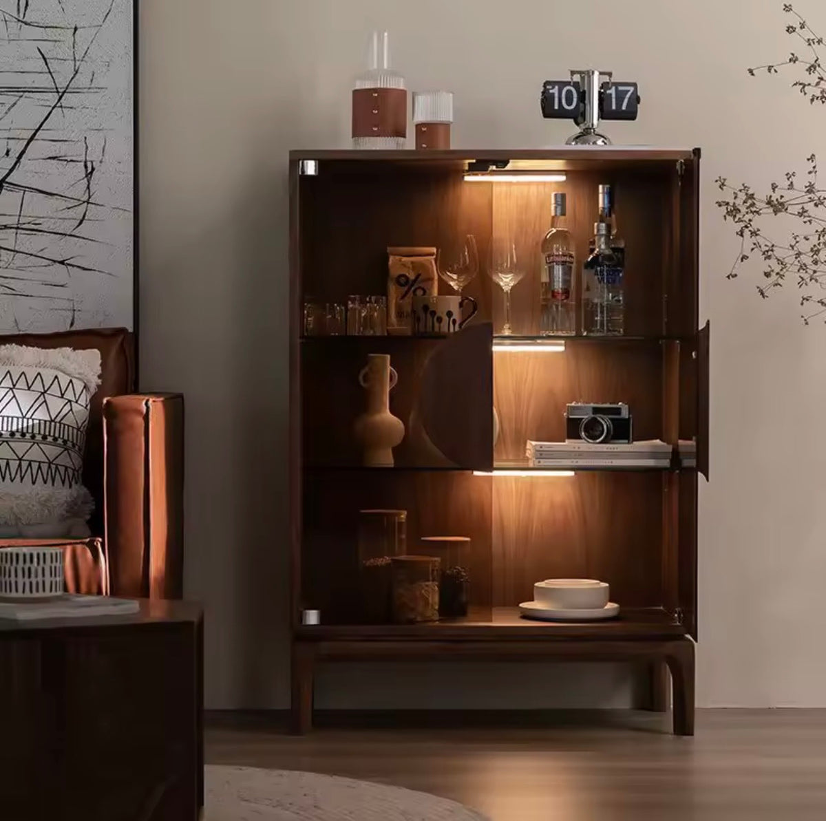 Modern Black Walnut Drinks Cabinet, Wine Storage, Double Door