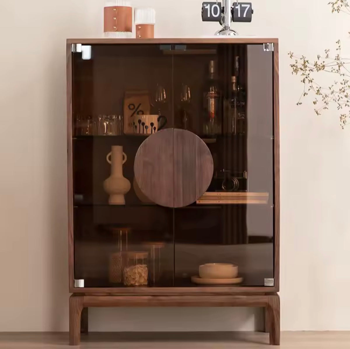 Modern Black Walnut Drinks Cabinet, Wine Storage, Double Door