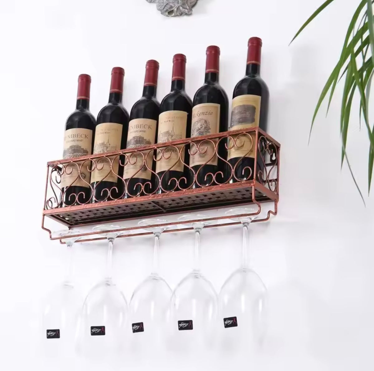 Wall-Mounted Wine Rack with Glass Holder, Bronze