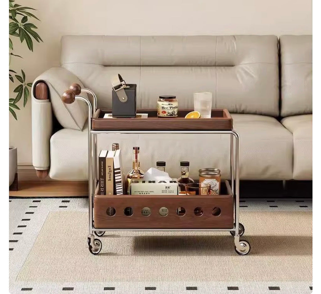 Walnut & Chrome Drinks Trolley with Bottle Storage