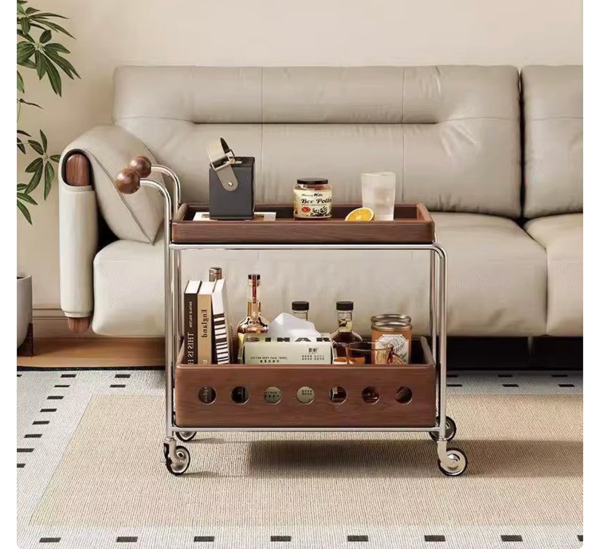 Walnut & Chrome Drinks Trolley with Bottle Storage