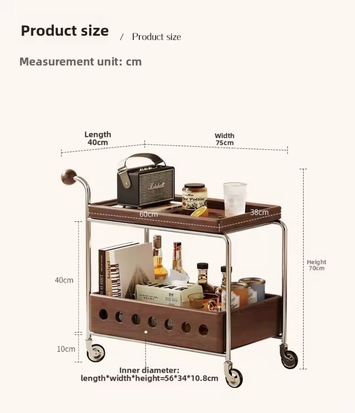 Walnut & Chrome Drinks Trolley with Bottle Storage