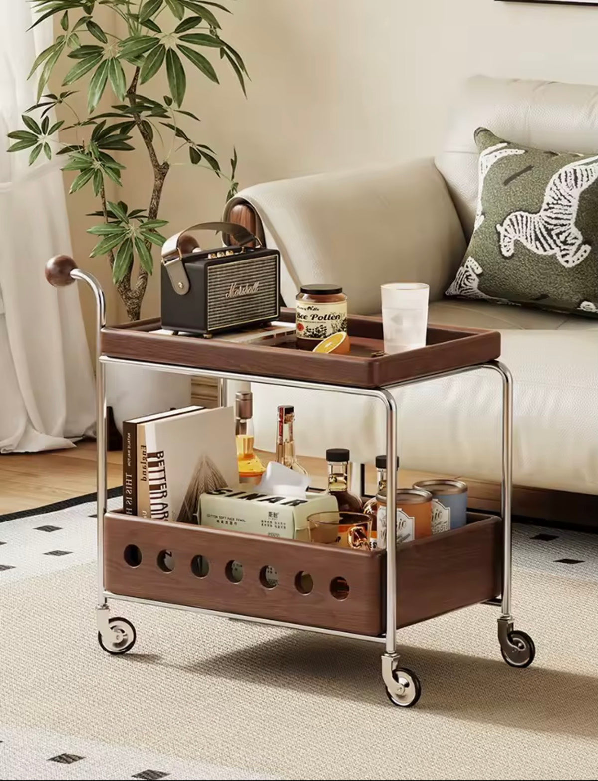 Walnut & Chrome Drinks Trolley with Bottle Storage