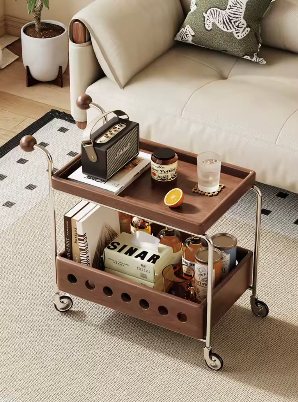 Walnut & Chrome Drinks Trolley with Bottle Storage