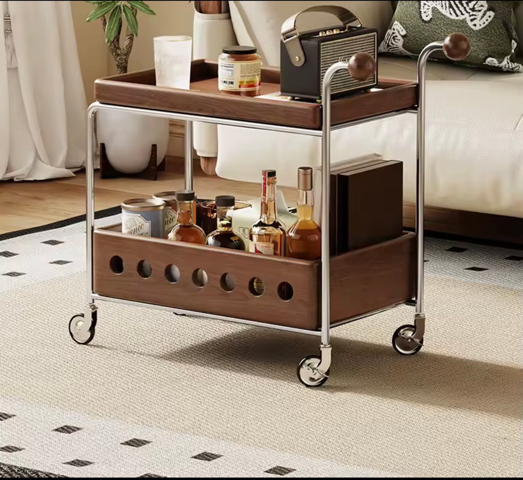 Walnut & Chrome Drinks Trolley with Bottle Storage