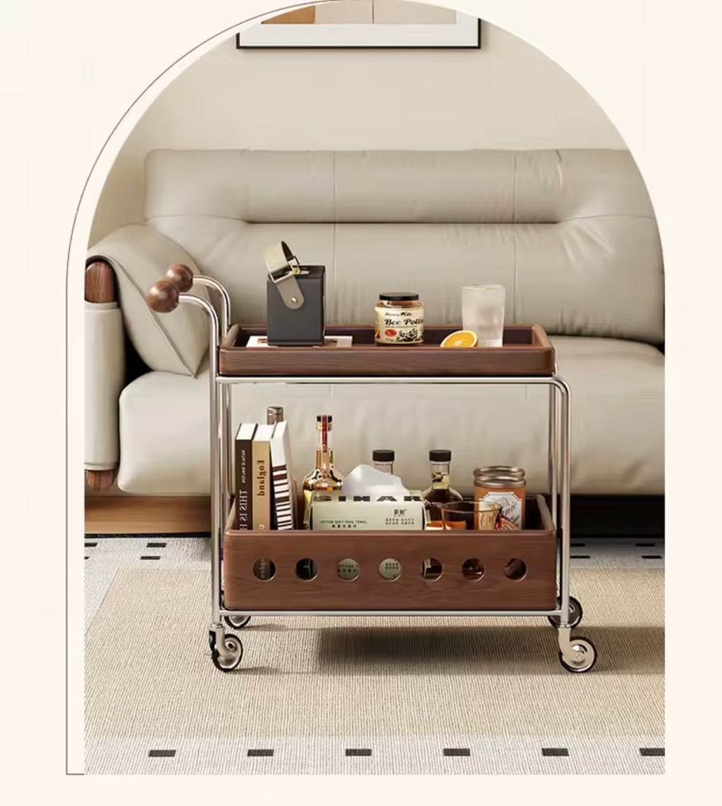 Walnut & Chrome Drinks Trolley with Bottle Storage