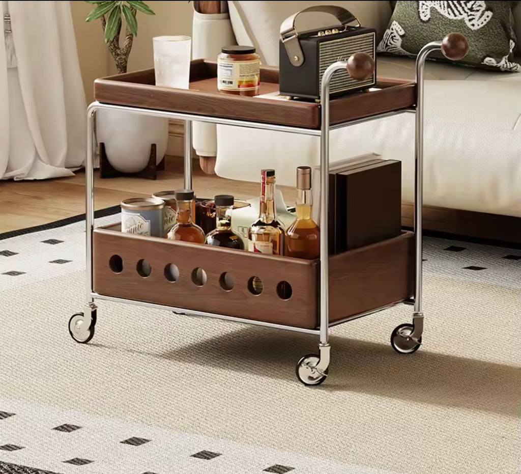Walnut & Chrome Drinks Trolley with Bottle Storage