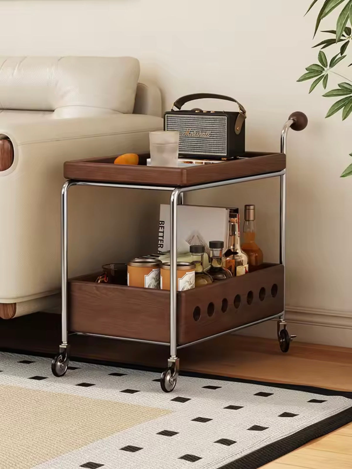 Walnut & Chrome Drinks Trolley with Bottle Storage