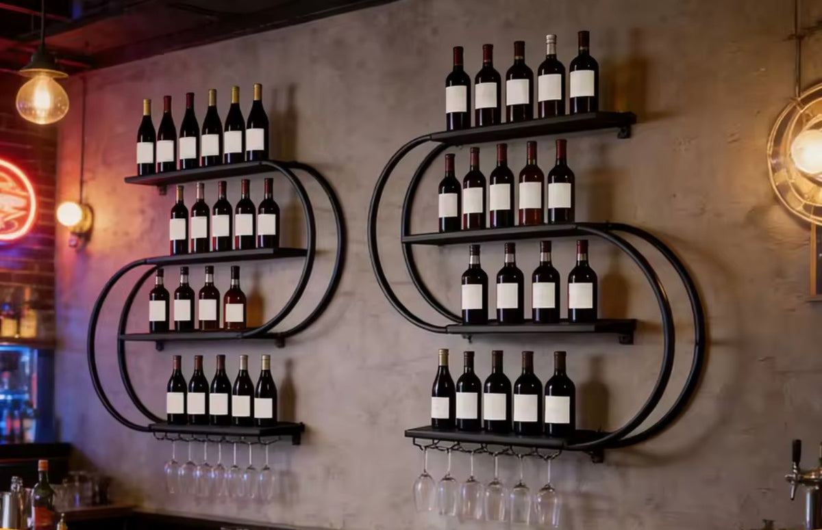 4-Tier Wall-Mounted Wine Rack with LED Light and Glass Holder