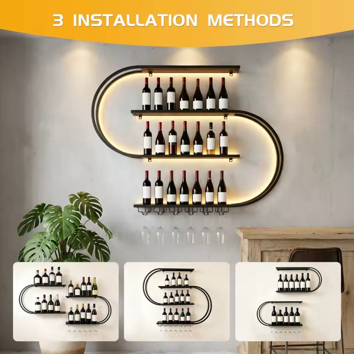 4-Tier Wall-Mounted Wine Rack with LED Light and Glass Holder