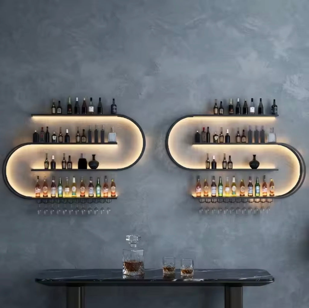 4-Tier Wall-Mounted Wine Rack with LED Light and Glass Holder