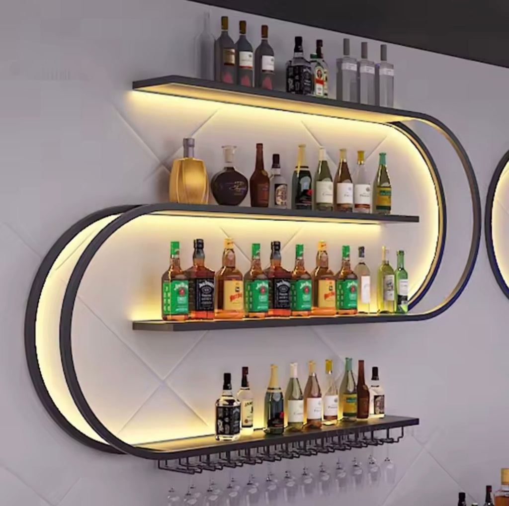 4-Tier Wall-Mounted Wine Rack with LED Light and Glass Holder