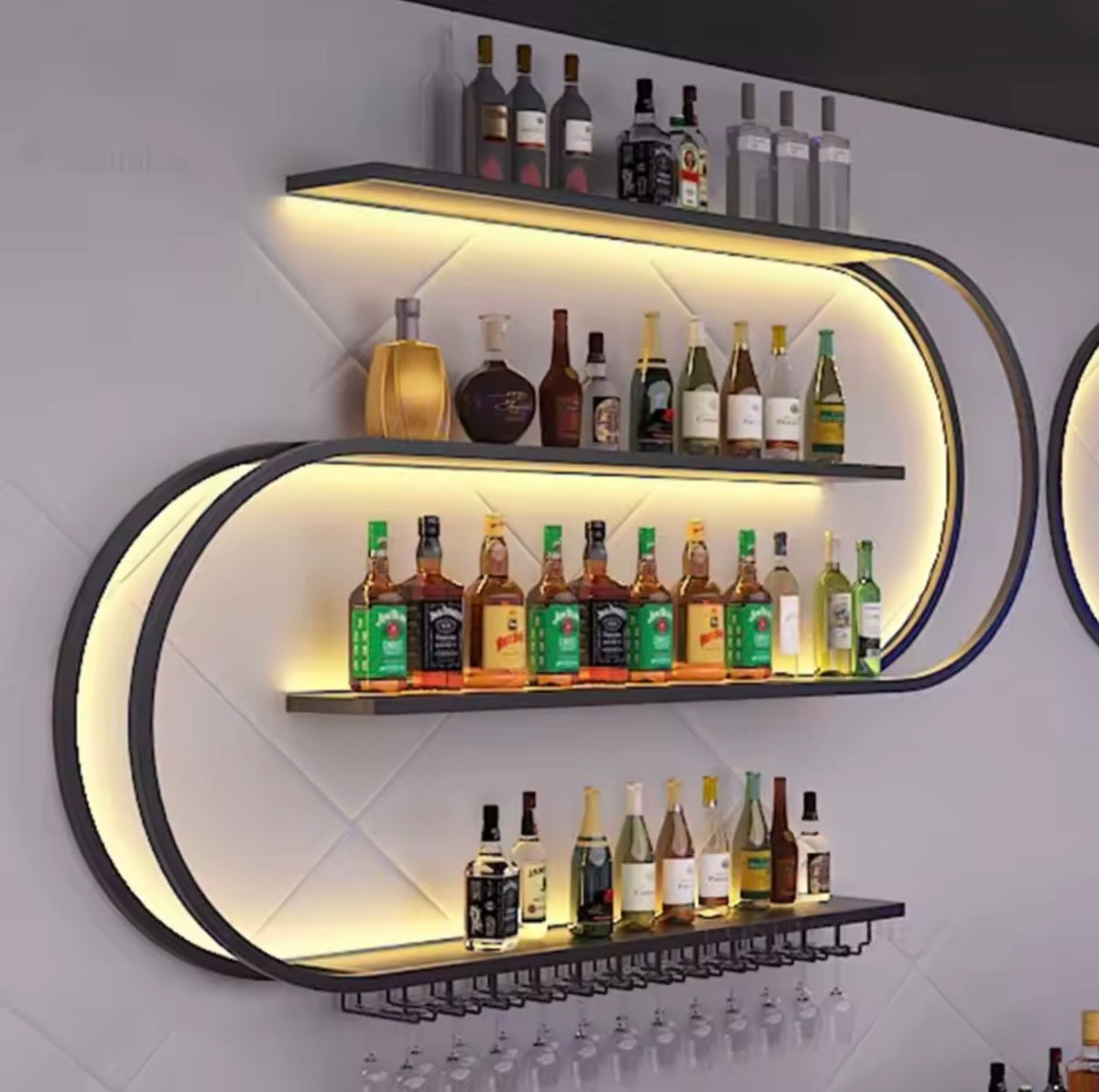 4-Tier Wall-Mounted Wine Rack with LED Light and Glass Holder