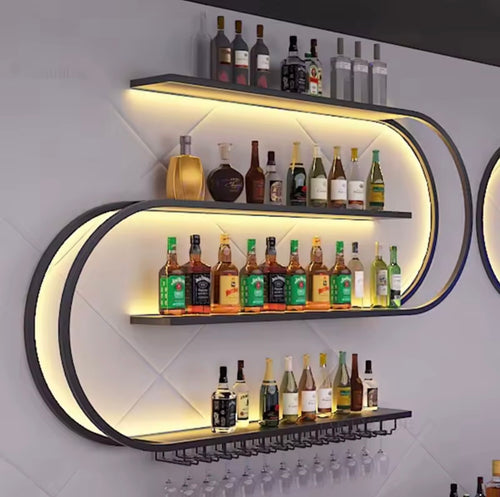 4-Tier Wall-Mounted Wine Rack with LED Light and Glass Holder