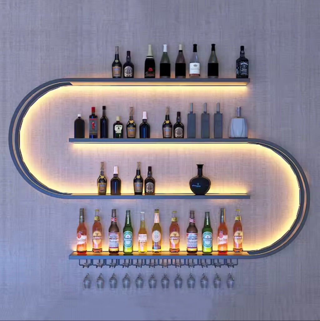 4-Tier Wall-Mounted Wine Rack with LED Light and Glass Holder