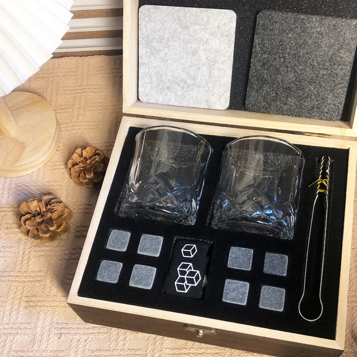 Whisky Gift Set: 2 Glasses, 8 Granite Stones, Wooden Box
