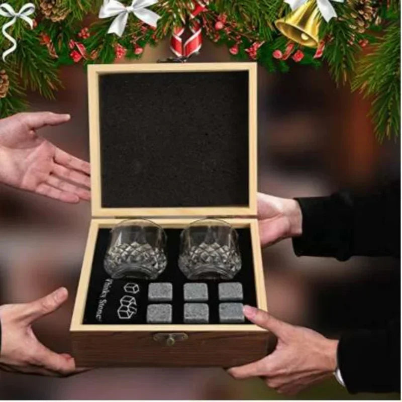 Granite Whisky Stone and Glass Set in Wooden Bottle Box
