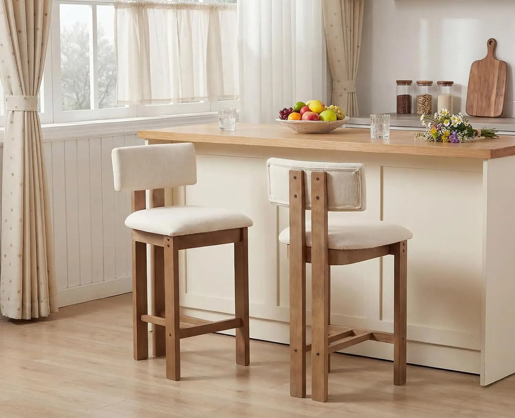 Dulwich Linen Bar Stools Set of 2, Wooden Legs, Mid-Century Style