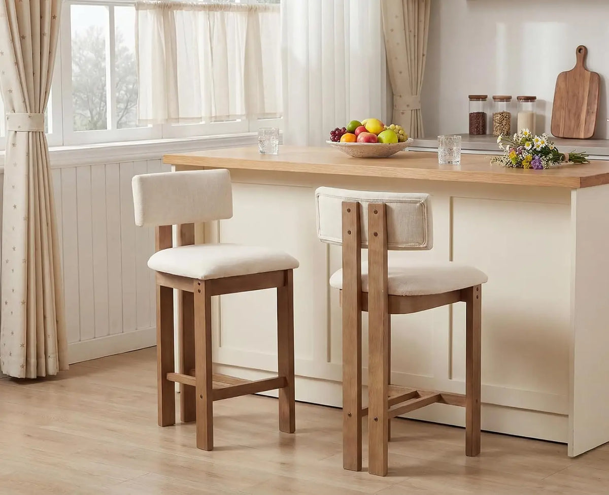 Dulwich Linen Bar Stools Set of 2, Wooden Legs, Mid-Century Style