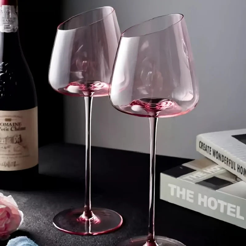 Pink Crystal Wine Glasses, Set of 2, Slanted Mouth