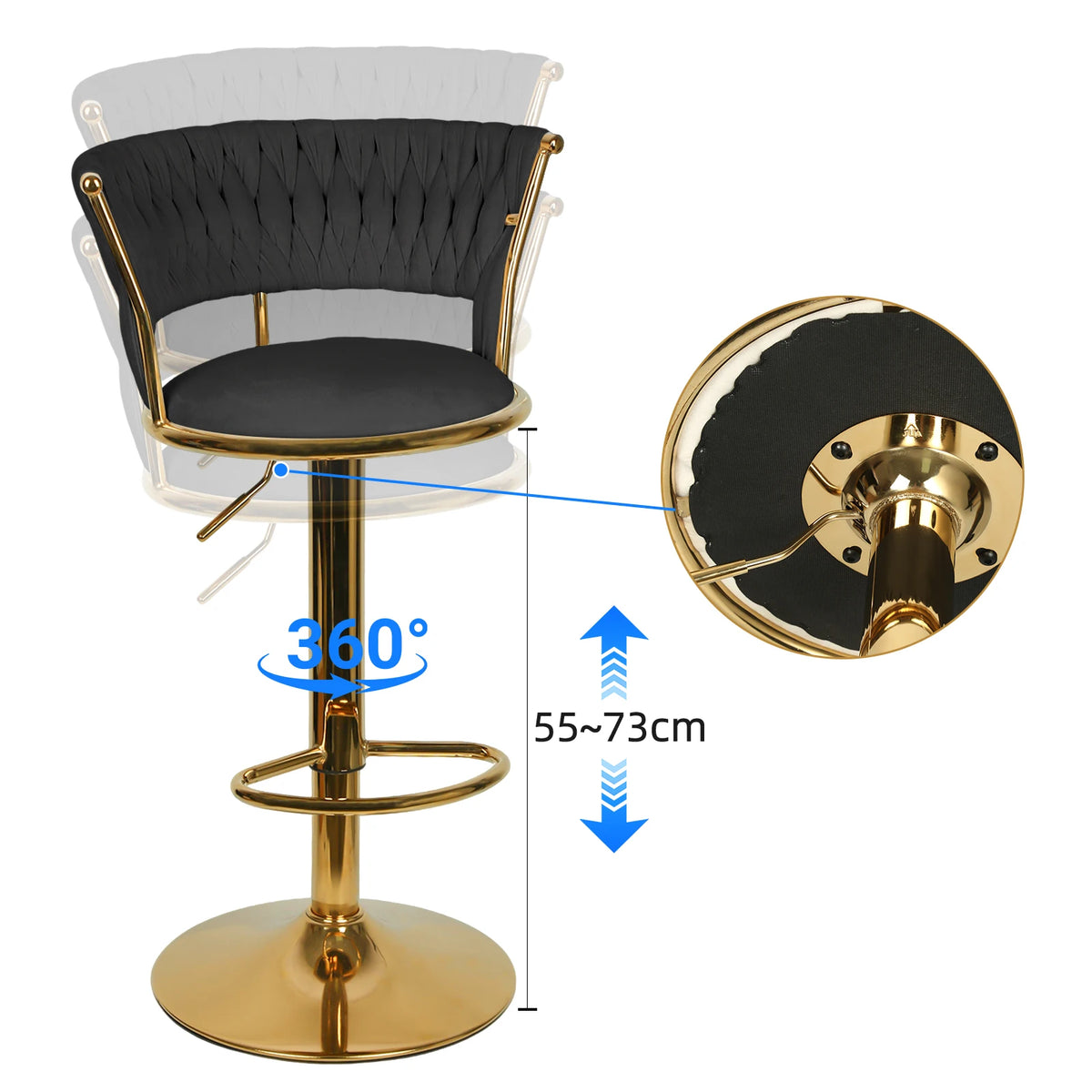 Notting Hill Swivel Velvet Bar Stools Set of 2, Woven Back, Gold Base