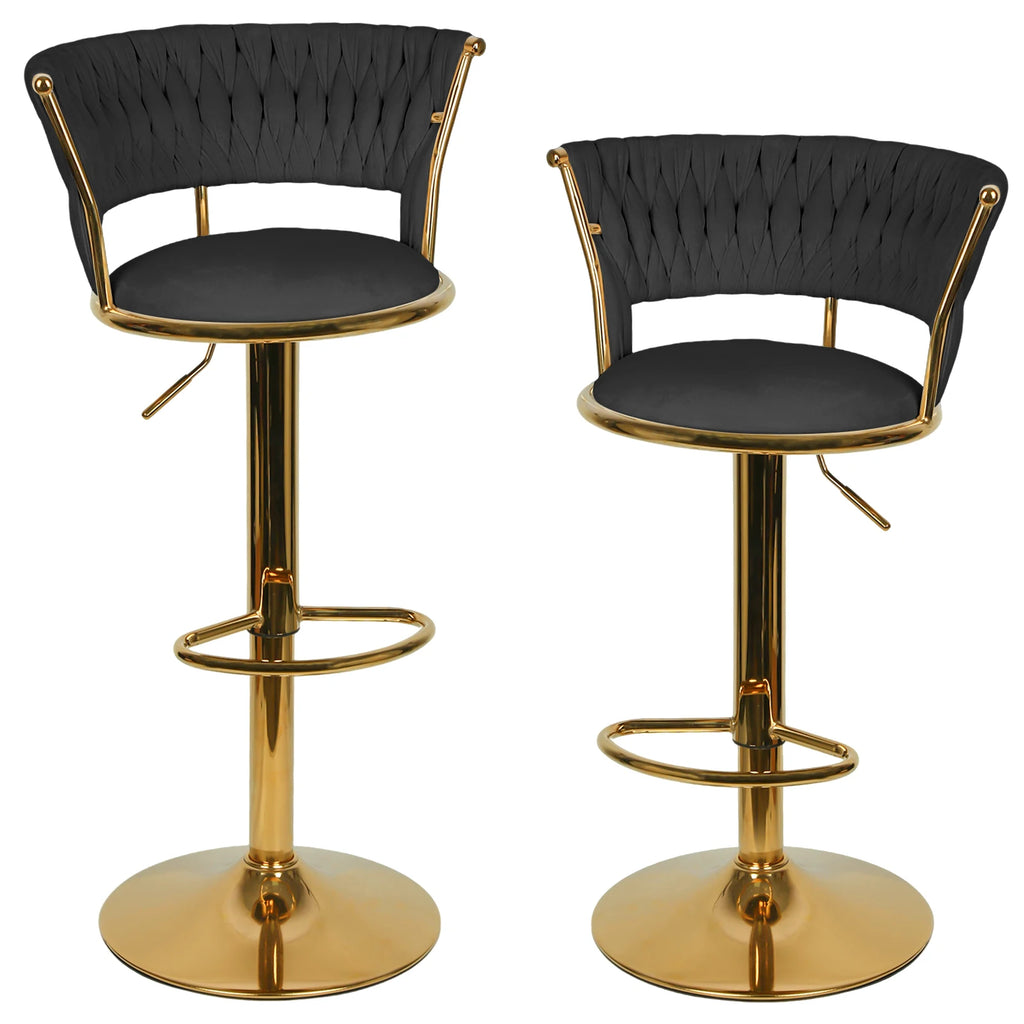 Notting Hill Swivel Velvet Bar Stools Set of 2, Woven Back, Gold Base