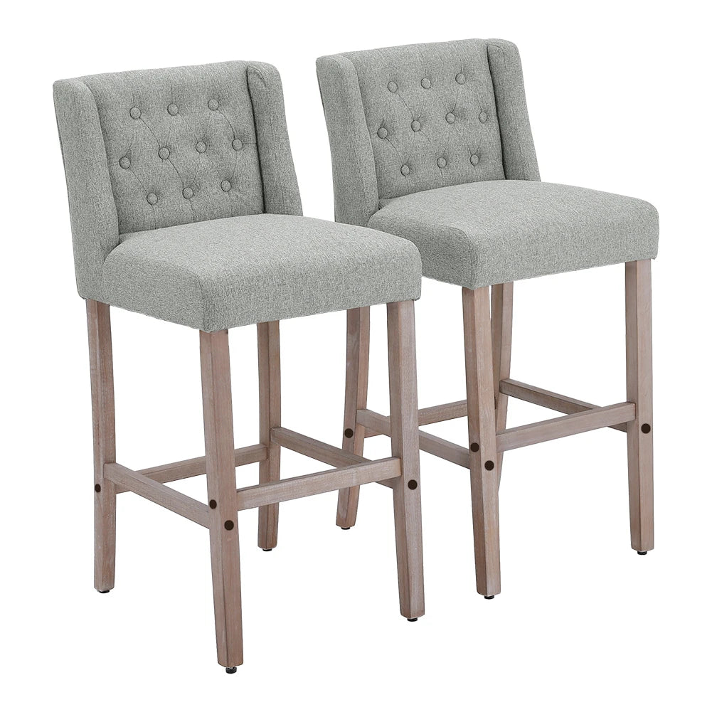 Rustic Bar Stools Set of 2, Linen, Wood Legs