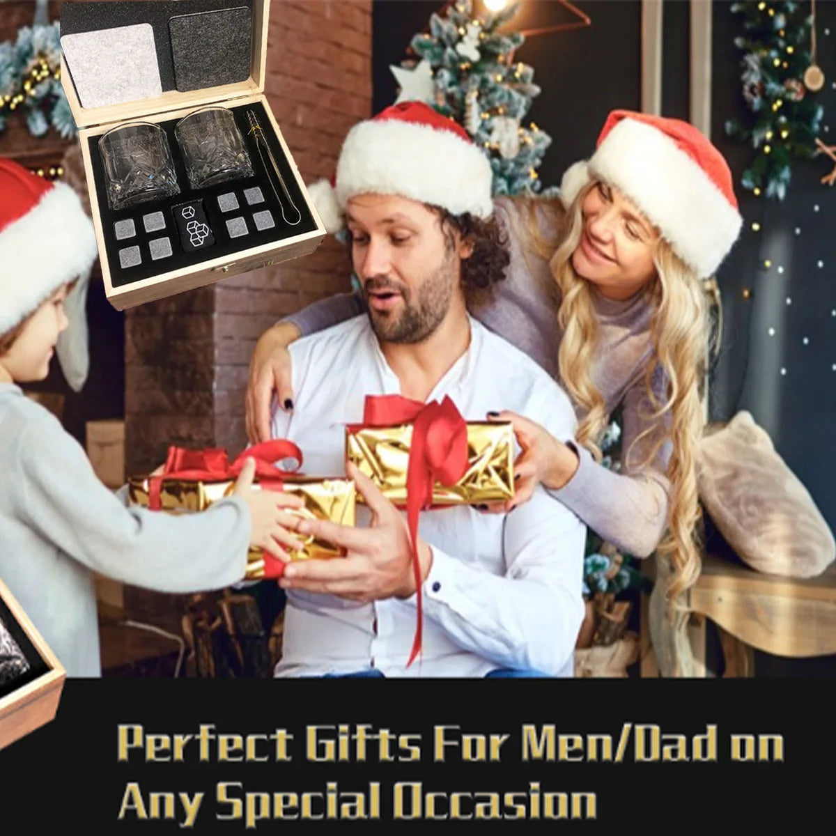 Whisky Gift Set: 2 Glasses, 8 Granite Stones, Wooden Box