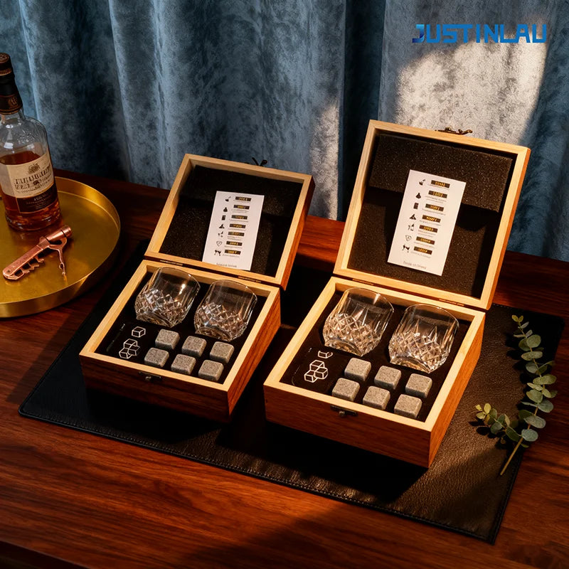 Granite Whisky Stone and Glass Set in Wooden Bottle Box